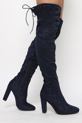 Navy Suede Drawstring Over The Knee Boots - Joni-Boots