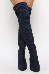 Navy Suede Drawstring Over The Knee Boots - Joni-Boots