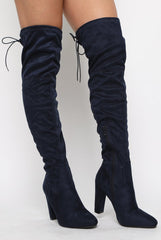Navy Suede Drawstring Over The Knee Boots - Joni-Boots