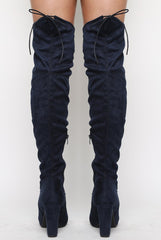 Navy Suede Drawstring Over The Knee Boots - Joni-Boots