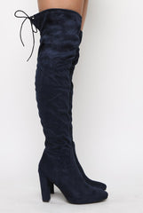 Navy Suede Drawstring Over The Knee Boots - Joni-Boots