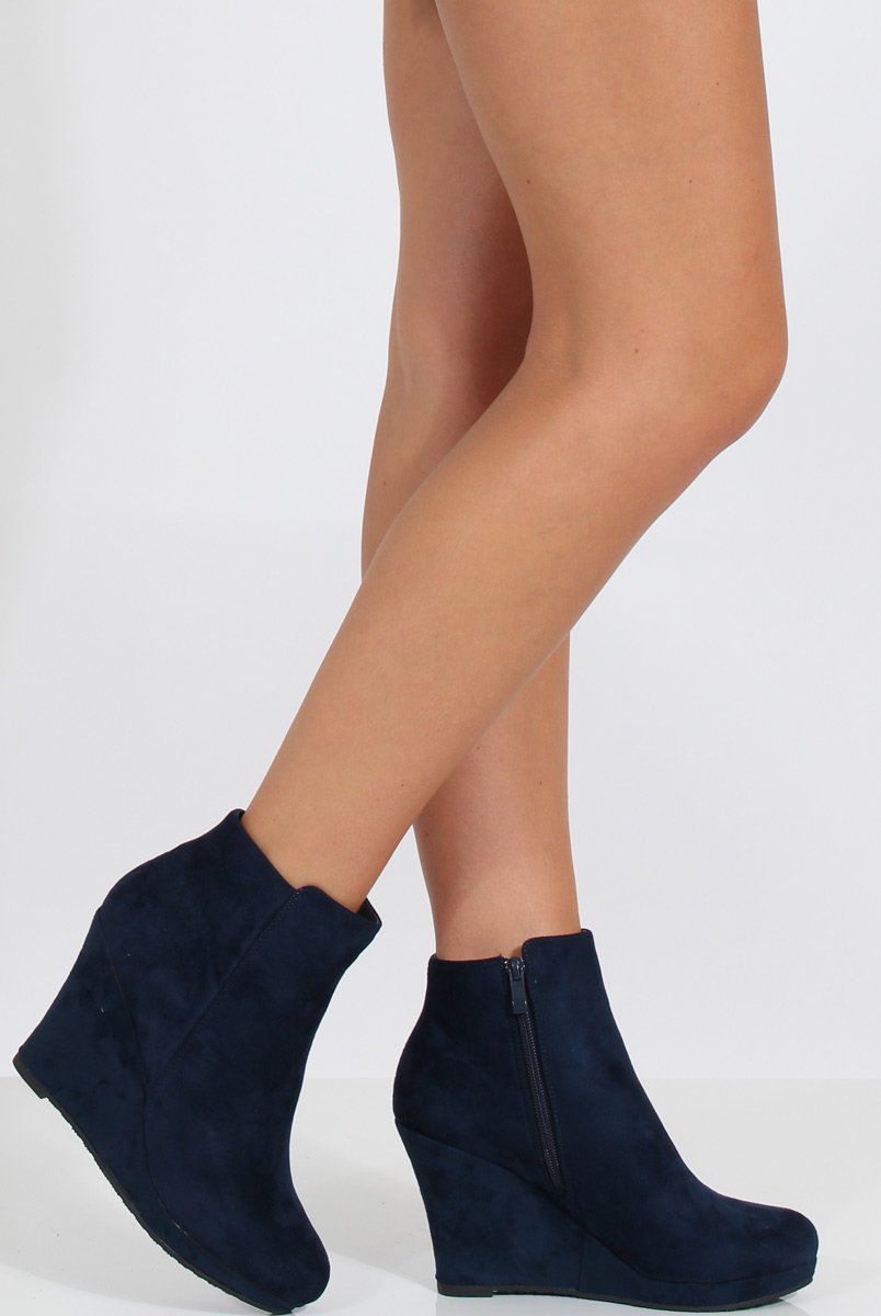 Navy Suede Wedged Ankle Boots - Ingrid-Boots