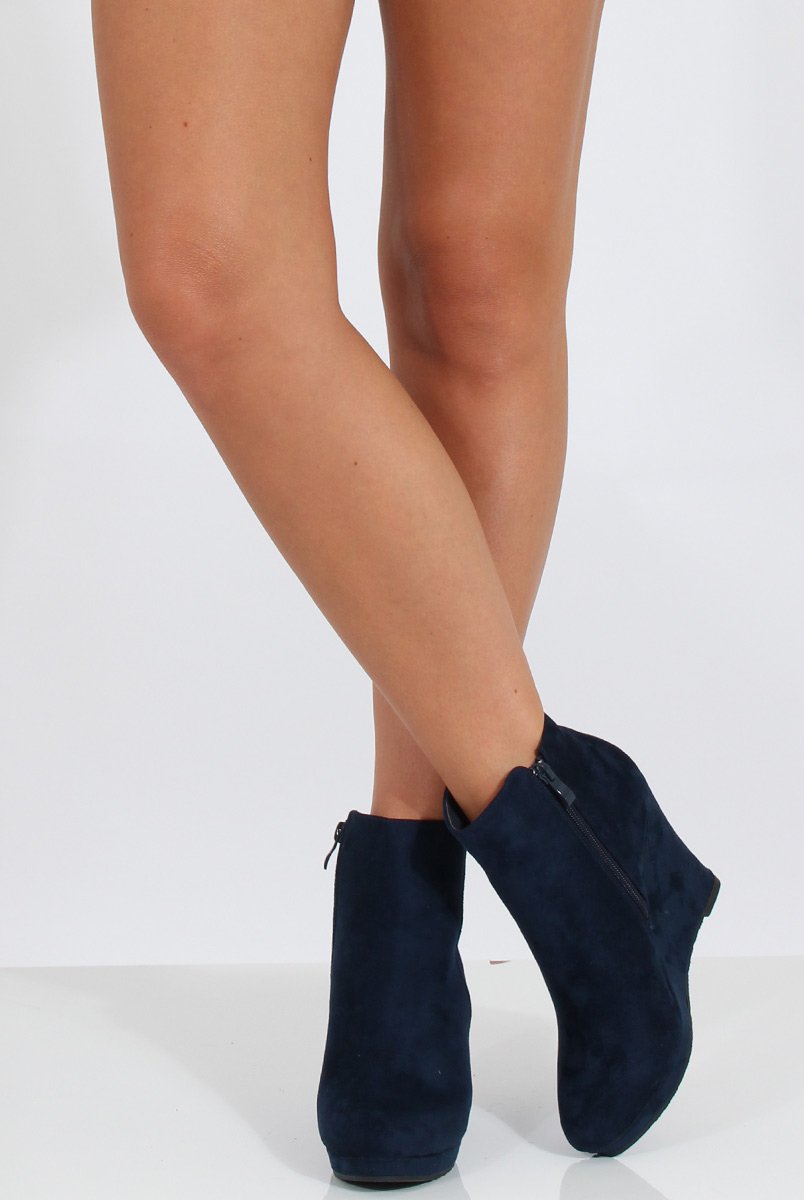 Navy Suede Wedged Ankle Boots - Ingrid-Boots
