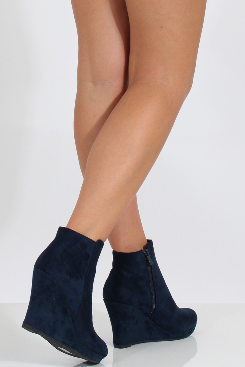 Navy Suede Wedged Ankle Boots - Ingrid-Boots