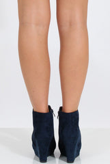 Navy Suede Wedged Ankle Boots - Ingrid-Boots