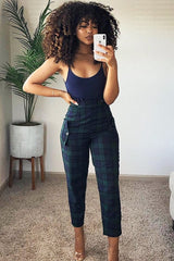 Navy Tartan Frill Detail Trousers - Bristal-Trousers