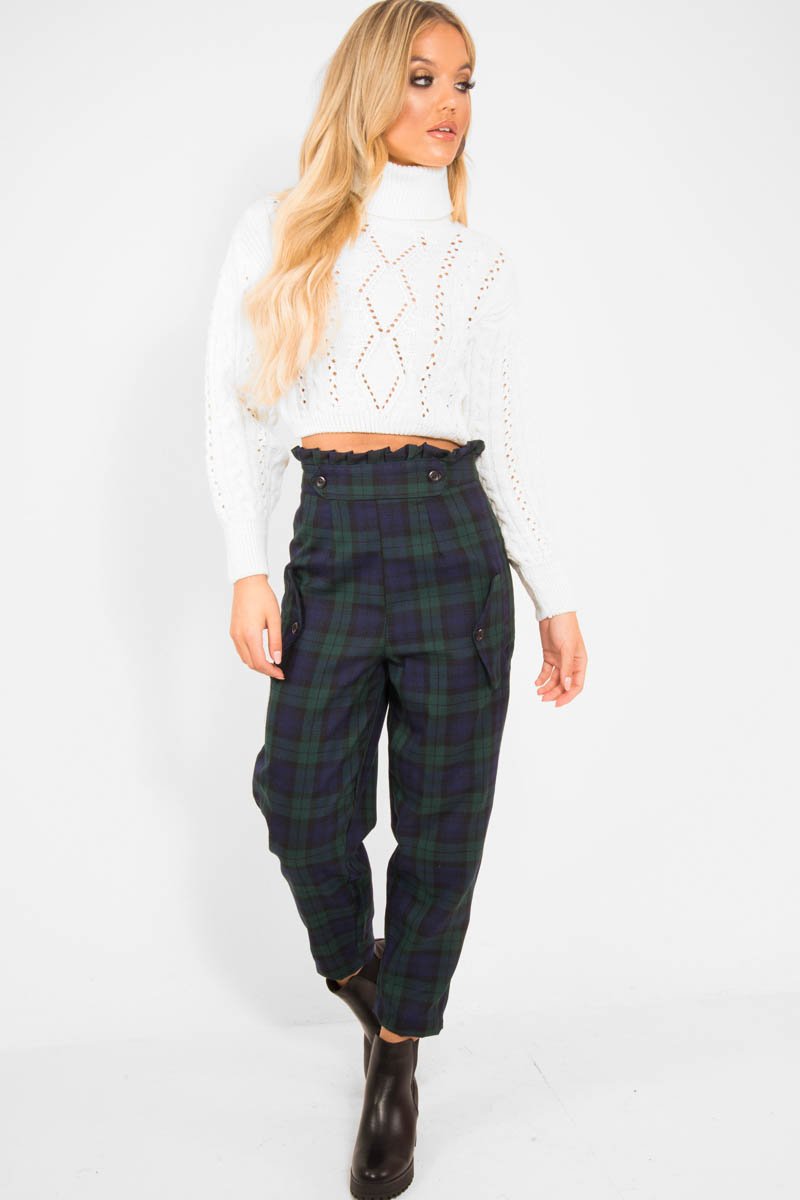 Navy Tartan Frill Detail Trousers - Bristal-Trousers
