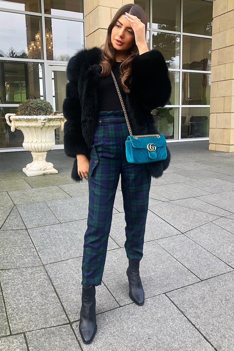 Navy Tartan Frill Detail Trousers - Bristal-Trousers