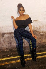 Navy Tartan Frill Detail Trousers - Bristal-Trousers