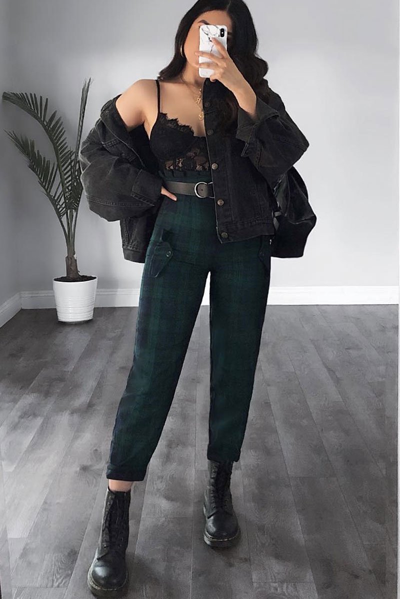 Navy Tartan Frill Detail Trousers - Bristal-Trousers