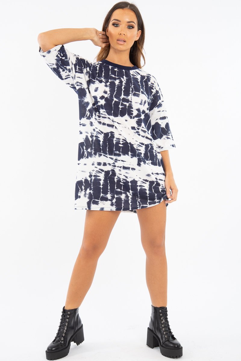 Navy Tie Dye Oversized T-Shirt Dress - Avriella-T-shirt