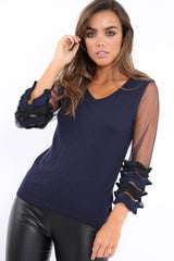 Navy V Neck Jumper with Mesh Ruffled Sleeves - Amirah-Jumper