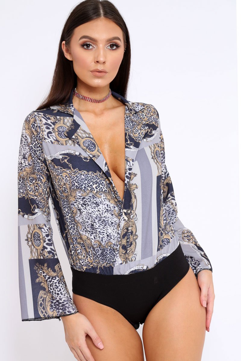 Navy V-Plunge Leopard Print Bodysuit - Hazell-Bodysuits