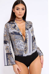 Navy V-Plunge Leopard Print Bodysuit - Hazell-Bodysuits