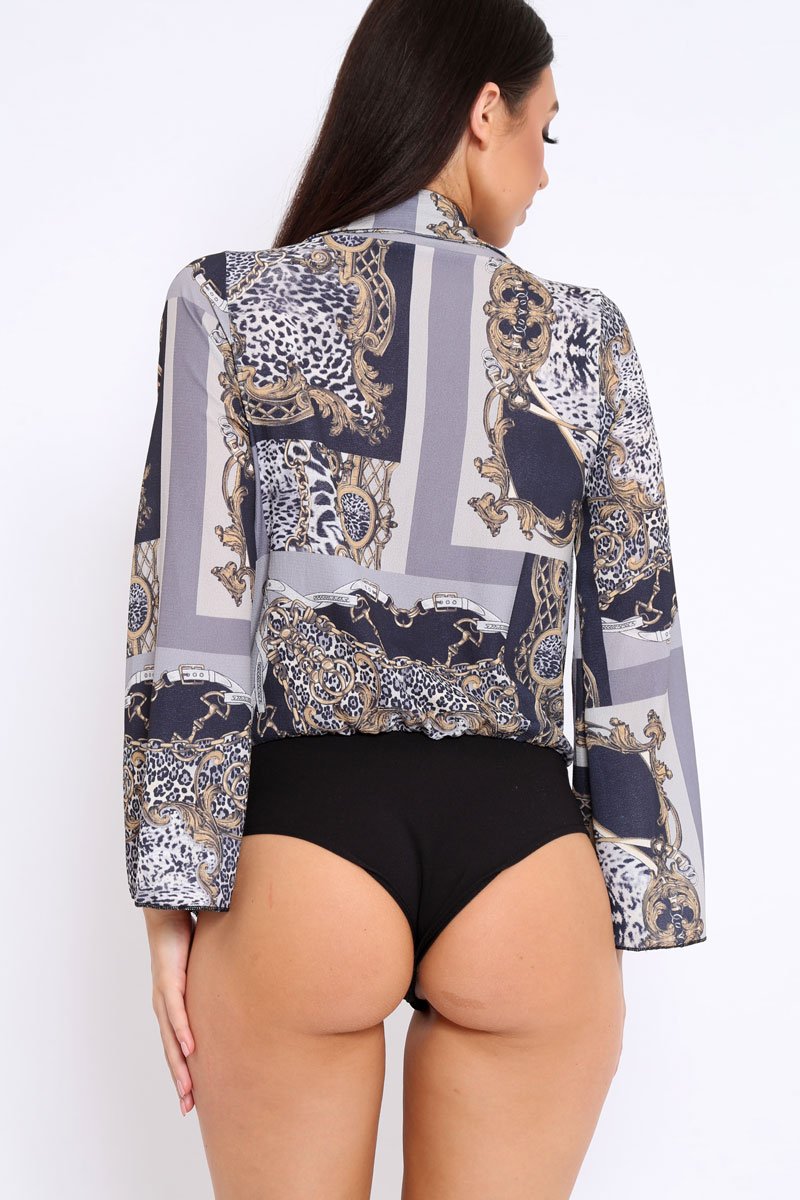 Navy V-Plunge Leopard Print Bodysuit - Hazell-Bodysuits