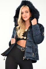 Navy Velour Fur Hood Puffer Jacket - Eastlynn-Coats