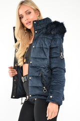 Navy Velour Fur Hood Puffer Jacket - Eastlynn-Coats