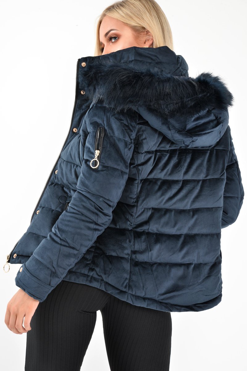 Navy Velour Fur Hood Puffer Jacket - Eastlynn-Coats