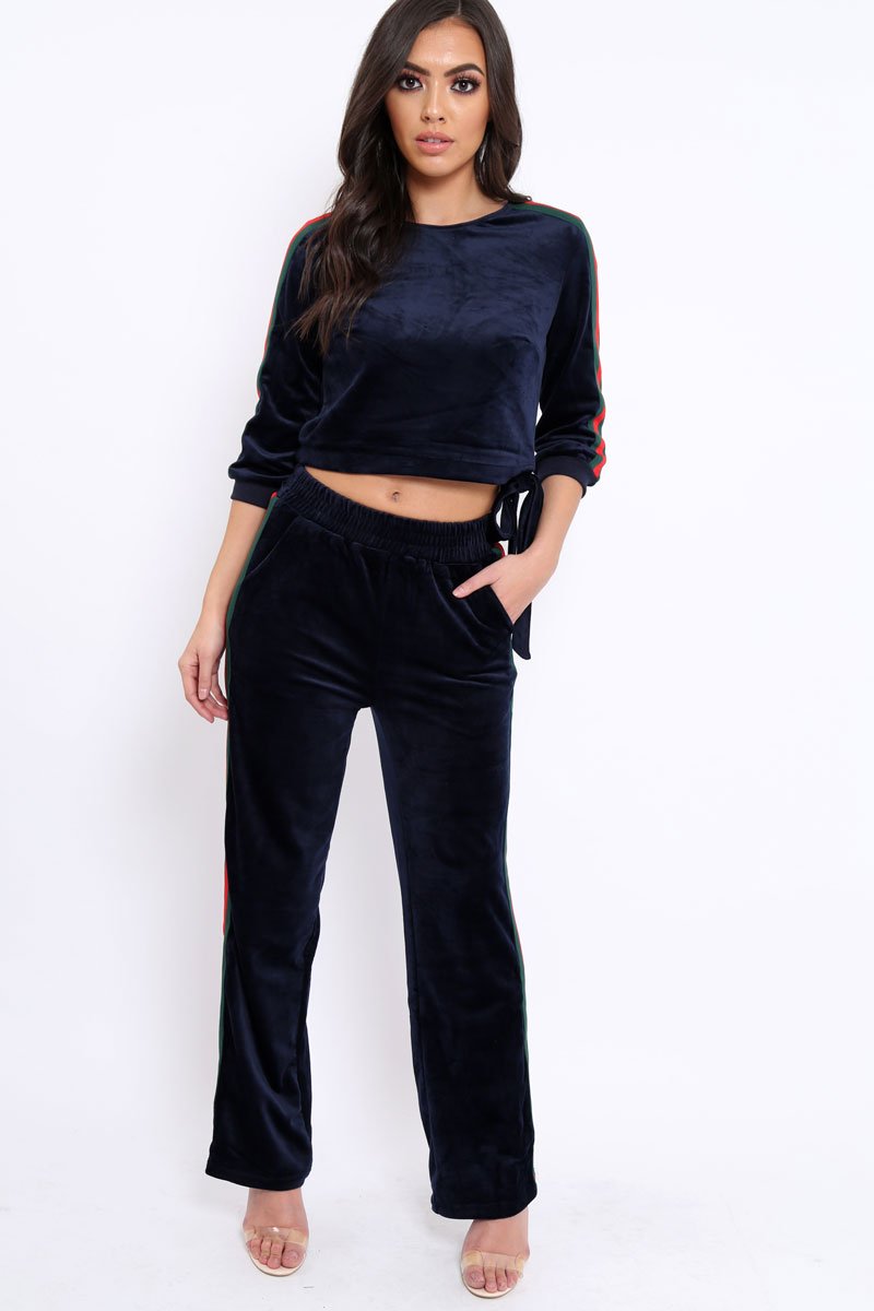 Navy Velvet Striped Set with Bow - Kelbie-Co-ords