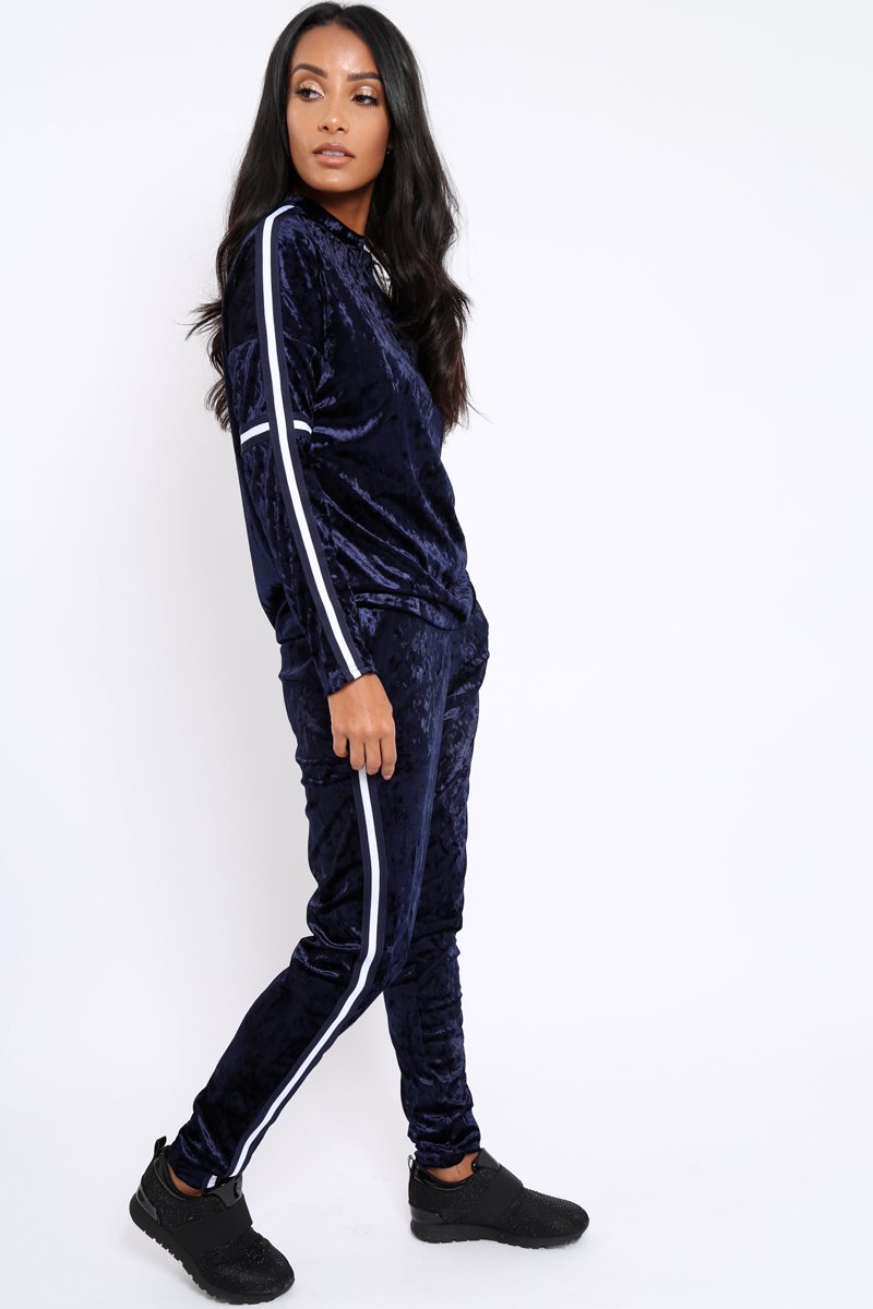 Navy Velvet Striped Trim Co-ord Set - Beau-Co-ords