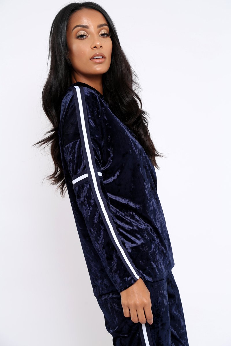 Navy Velvet Striped Trim Co-ord Set - Beau-Co-ords