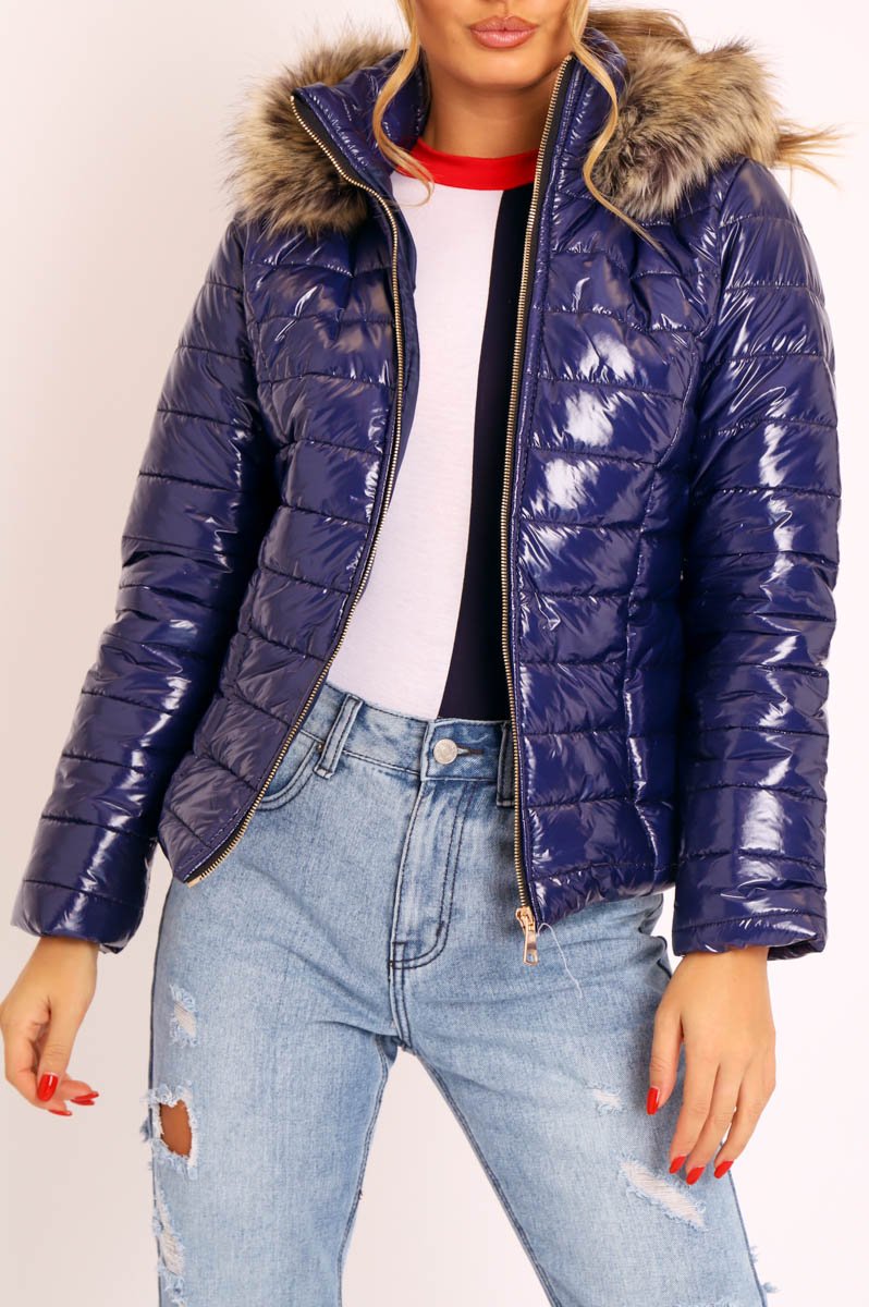 Navy Wet Look Puffer Coat - Soph-Coats