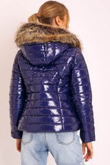 Navy Wet Look Puffer Coat - Soph-Coats