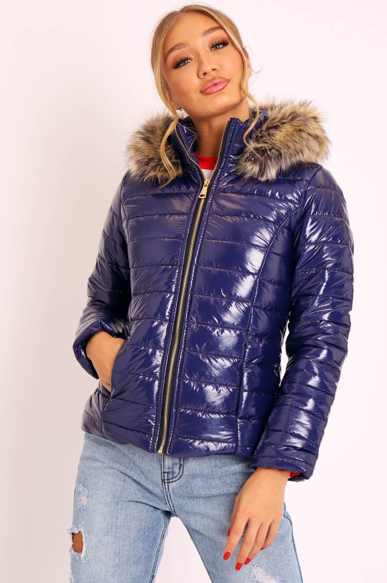 Navy Wet Look Puffer Coat - Soph-Coats