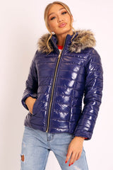 Navy Wet Look Puffer Coat - Soph-Coats