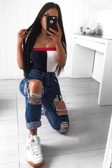 Navy White And Red Colour Block Bandeau Bodysuit - Breta-Bodysuits