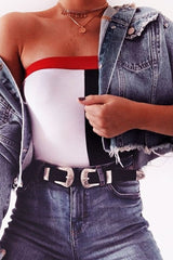 Navy White And Red Colour Block Bandeau Bodysuit - Breta-Bodysuits