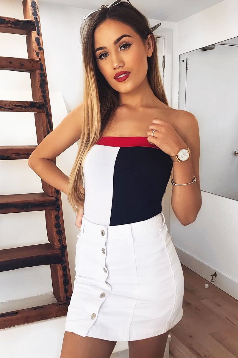 Navy White And Red Colour Block Bandeau Bodysuit - Breta-Bodysuits