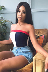 Navy White And Red Colour Block Bandeau Bodysuit - Breta-Bodysuits