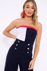 Navy White And Red Colour Block Bandeau Bodysuit - Breta-Bodysuits