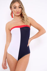 Navy White And Red Colour Block Bandeau Bodysuit - Breta-Bodysuits