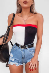 Navy White And Red Colour Block Bandeau Bodysuit - Breta-Bodysuits