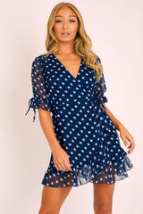 Navy White Heart Print Wrap Front Dress - Selene-Dresses