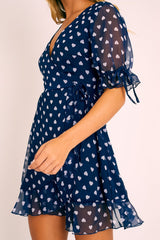 Navy White Heart Print Wrap Front Dress - Selene-Dresses