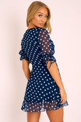 Navy White Heart Print Wrap Front Dress - Selene-Dresses