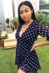Navy White Heart Print Wrap Front Dress - Selene-Dresses
