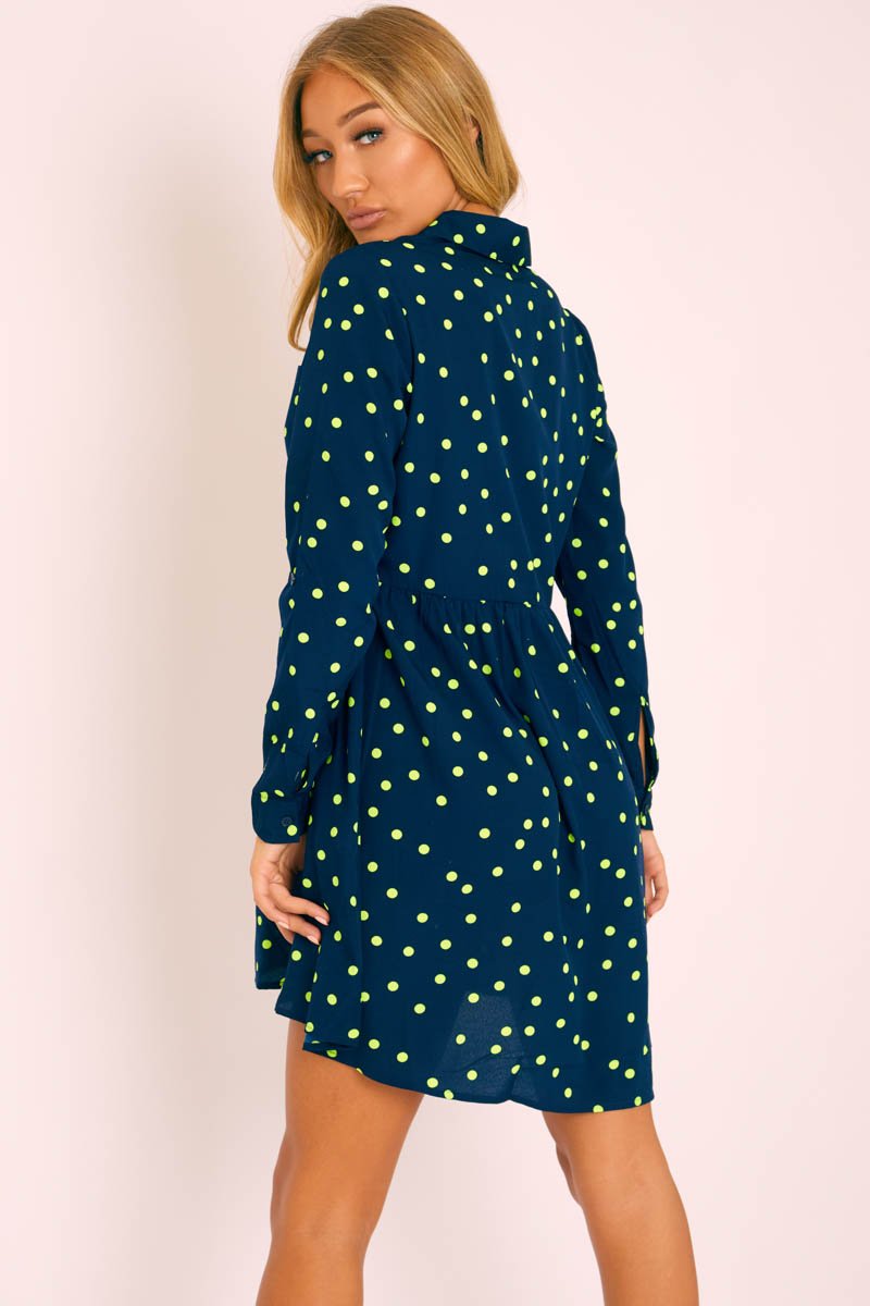 blue dress with yellow polka dots JAYLEY Rayon Polka Dot Ruffled Mid Parma Dress