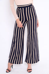 Navy and Beige Striped High Waist Wide Leg Trousers - Clarabell-Trousers