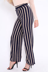 Navy and Beige Striped High Waist Wide Leg Trousers - Clarabell-Trousers