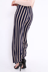 Navy and Beige Striped High Waist Wide Leg Trousers - Clarabell-Trousers