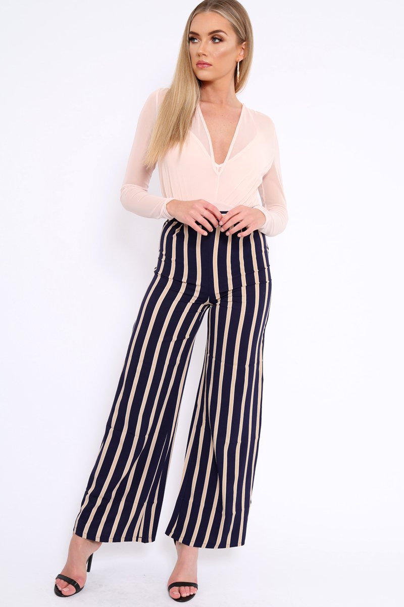 Navy and Beige Striped High Waist Wide Leg Trousers - Clarabell-Trousers
