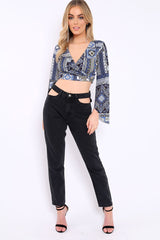 Navy and Gold Paisley Print Crop Top with Flare Sleeves - Wanda-Tops