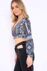Navy and Gold Paisley Print Crop Top with Flare Sleeves - Wanda-Tops