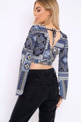 Navy and Gold Paisley Print Crop Top with Flare Sleeves - Wanda-Tops
