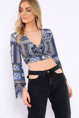 Navy and Gold Paisley Print Crop Top with Flare Sleeves - Wanda-Tops