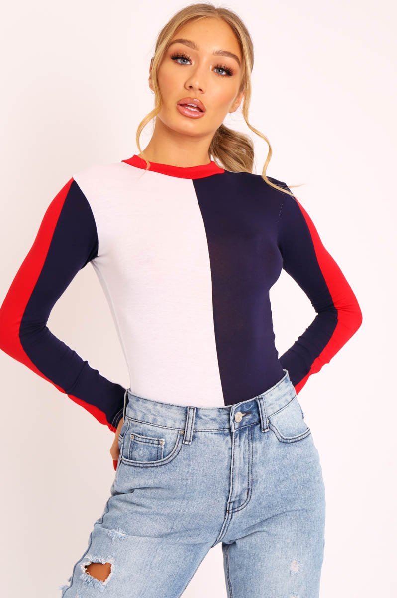 Navy and White Contrast Long Sleeved Bodysuit - Lareen-Bodysuits